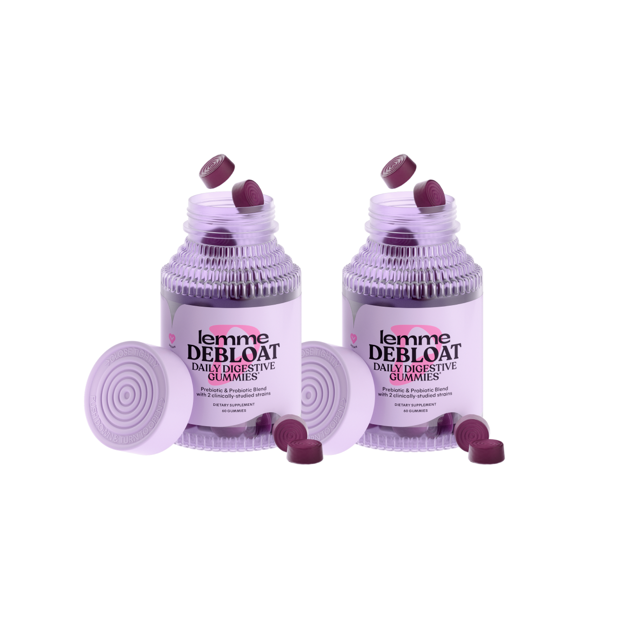 two bottle of lemme debloat gummies in purple bottles 